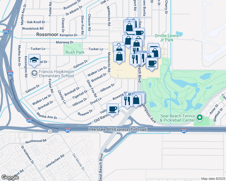 map of restaurants, bars, coffee shops, grocery stores, and more near 3315 Druid Lane in Los Alamitos