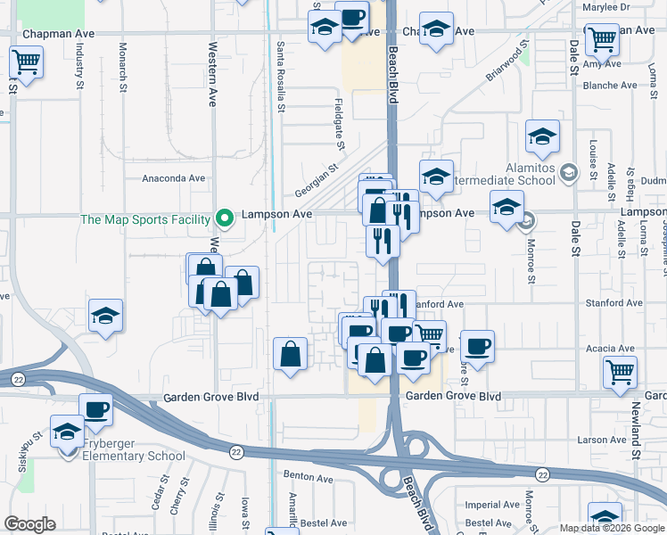 map of restaurants, bars, coffee shops, grocery stores, and more near 12614 Moordale Circle in Stanton