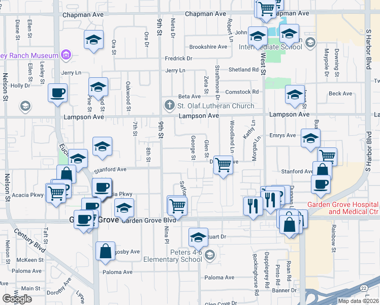 map of restaurants, bars, coffee shops, grocery stores, and more near 12701 George Street in Garden Grove