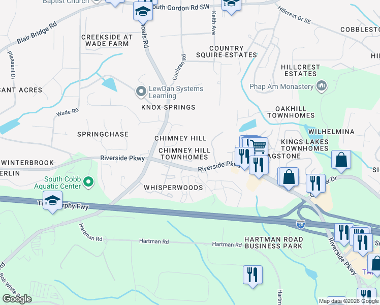 map of restaurants, bars, coffee shops, grocery stores, and more near 7258 Rockhouse Road in Austell