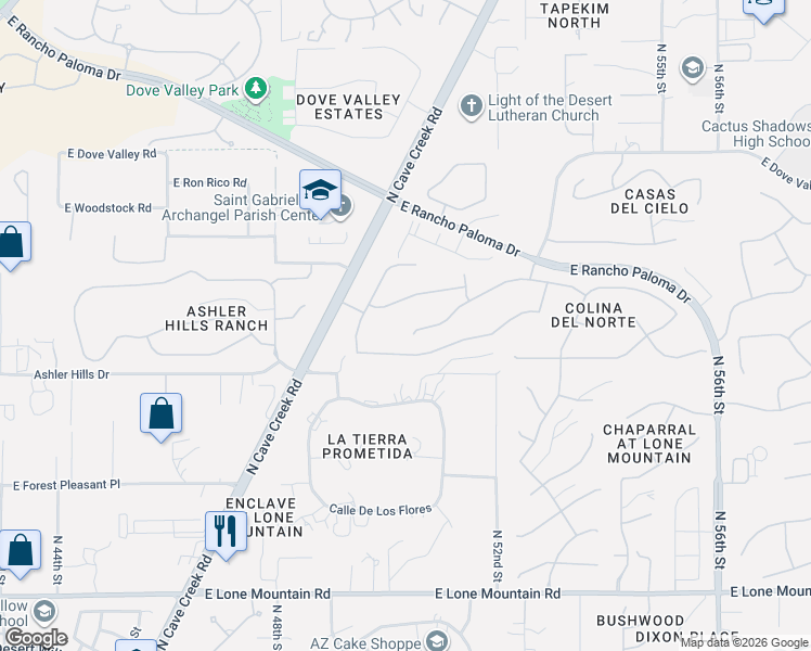 map of restaurants, bars, coffee shops, grocery stores, and more near 5032 East Sierra Sunset Trail in Cave Creek