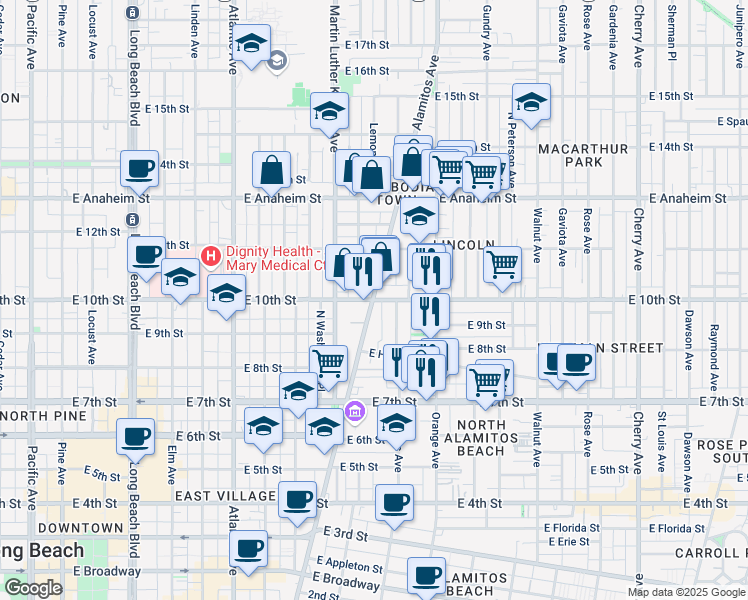 map of restaurants, bars, coffee shops, grocery stores, and more near E 10th St & Alamitos Ave in Long Beach