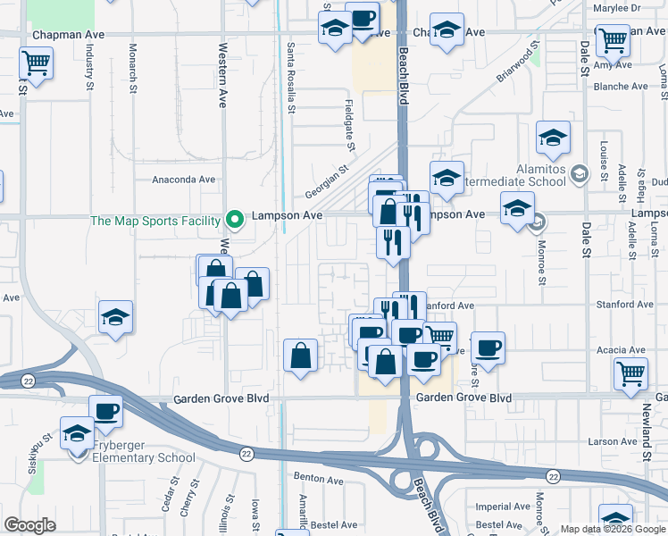 map of restaurants, bars, coffee shops, grocery stores, and more near 7705 Lansdale Circle in Stanton