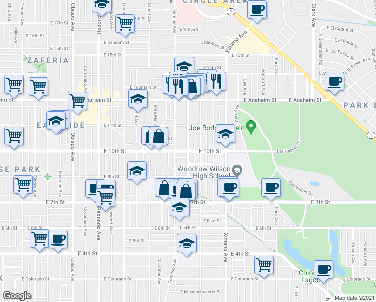 map of restaurants, bars, coffee shops, grocery stores, and more near East 10th Street & Belmont Avenue in Long Beach