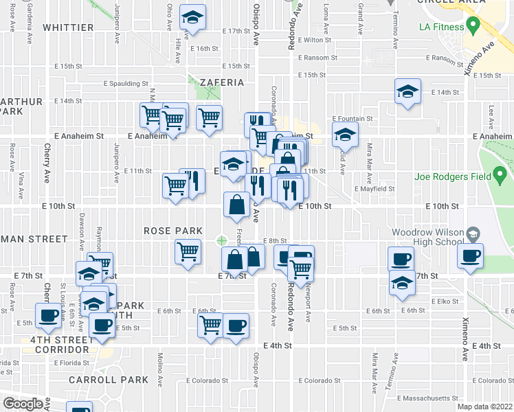 map of restaurants, bars, coffee shops, grocery stores, and more near East 10th Street & Obispo Avenue in Long Beach