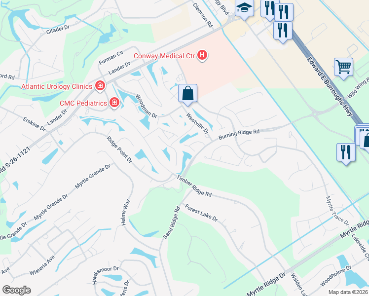 map of restaurants, bars, coffee shops, grocery stores, and more near 947 Welkin Court in Conway