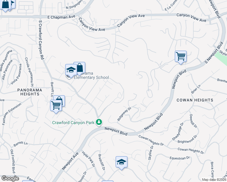 map of restaurants, bars, coffee shops, grocery stores, and more near 19892 Highcrest Circle in Santa Ana