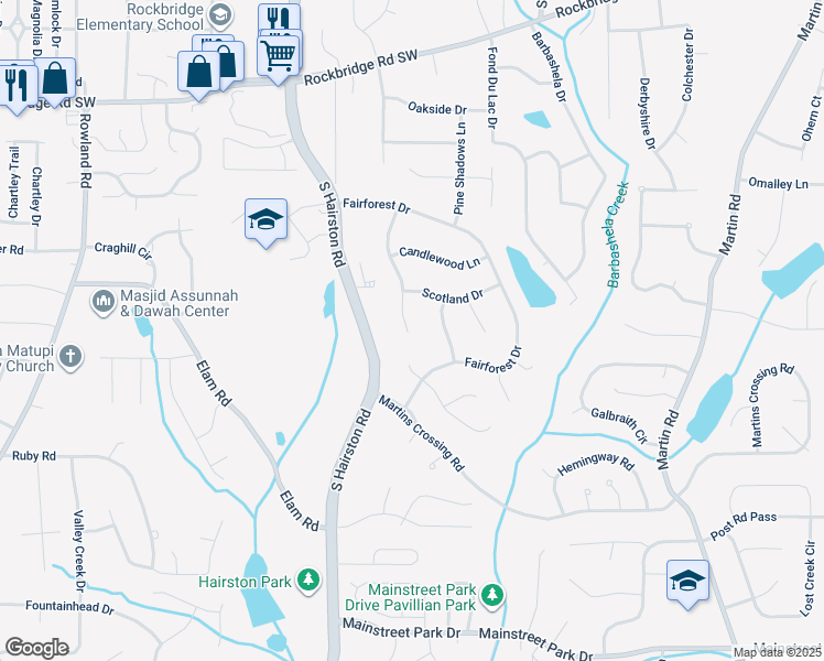 map of restaurants, bars, coffee shops, grocery stores, and more near 645 Candlewood Drive in Stone Mountain