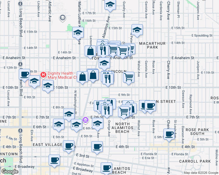 map of restaurants, bars, coffee shops, grocery stores, and more near Orange Avenue & East 10th Street in Long Beach