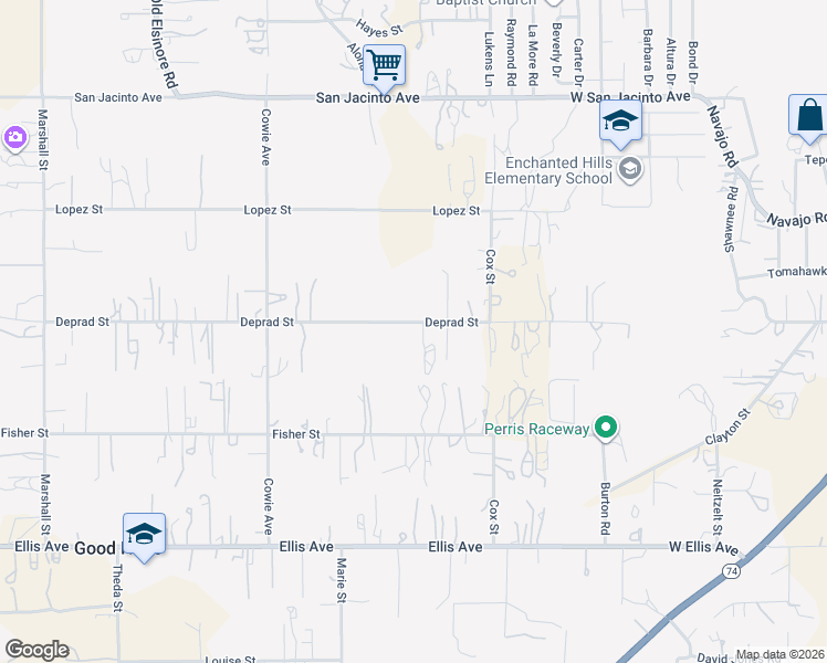 map of restaurants, bars, coffee shops, grocery stores, and more near 22821 Deprad Street in Perris