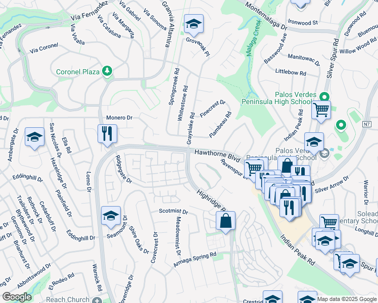 map of restaurants, bars, coffee shops, grocery stores, and more near Hawthorne Blvd & Highridge Rd in Rancho Palos Verdes