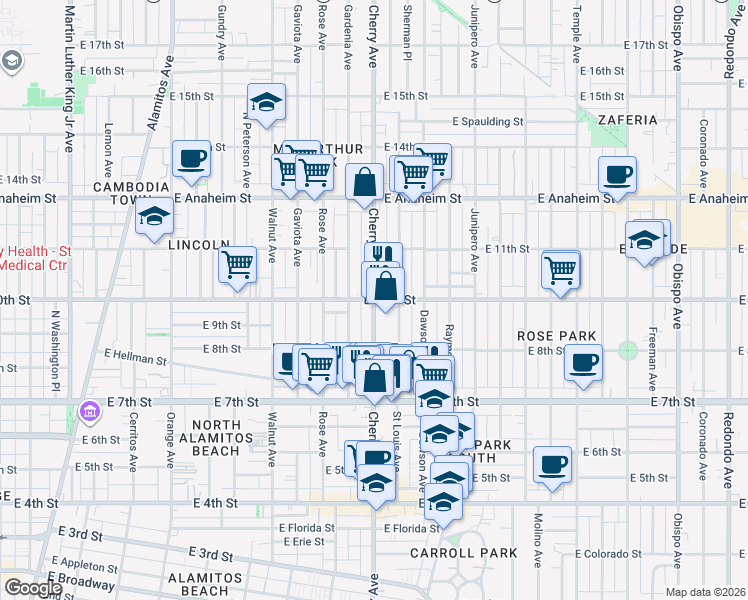 map of restaurants, bars, coffee shops, grocery stores, and more near Cherry Ave & E 10th St in Long Beach