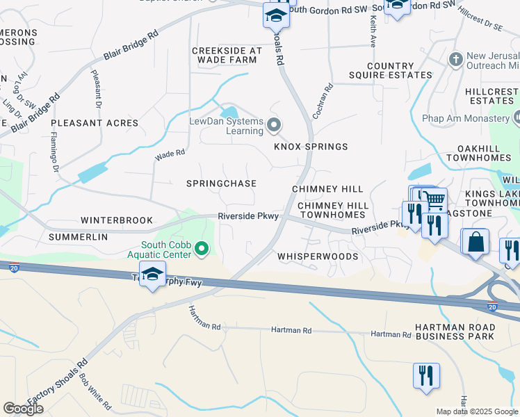 map of restaurants, bars, coffee shops, grocery stores, and more near 791 Riverside Parkway in Austell