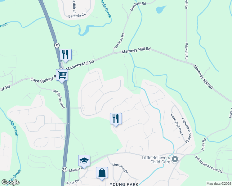map of restaurants, bars, coffee shops, grocery stores, and more near 6538 Bluffview Drive in Douglasville