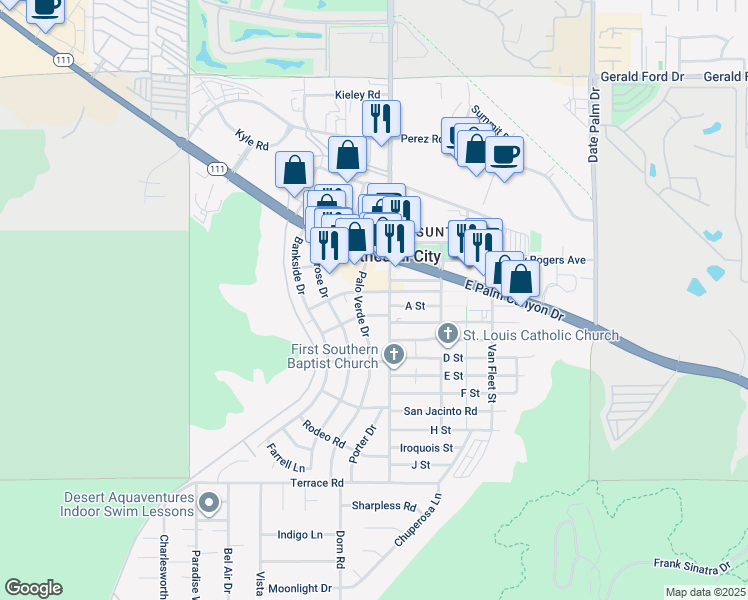 map of restaurants, bars, coffee shops, grocery stores, and more near 68461 Tahquitz Road in Cathedral City