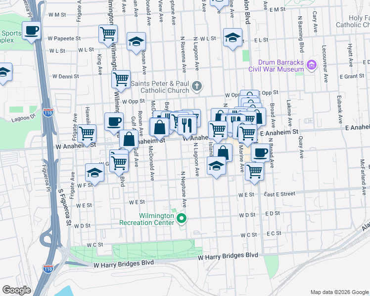 map of restaurants, bars, coffee shops, grocery stores, and more near 724 North Neptune Avenue in Los Angeles