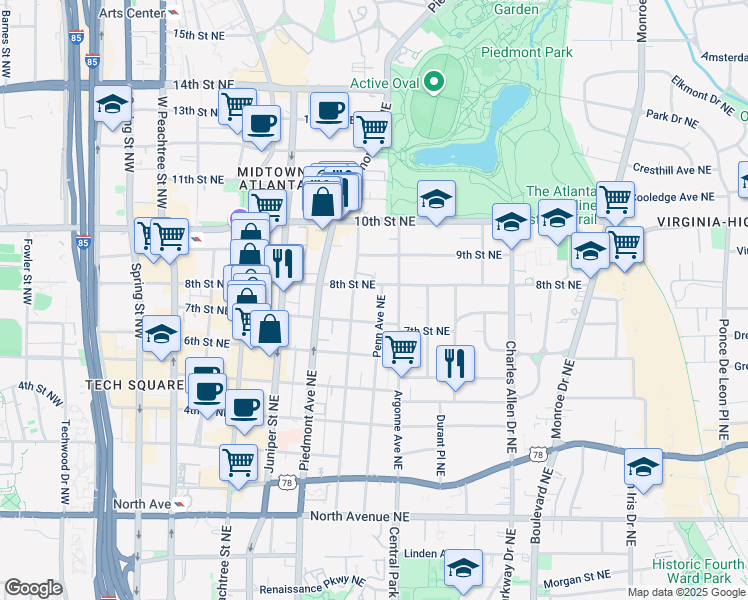map of restaurants, bars, coffee shops, grocery stores, and more near 890 Penn Avenue Northeast in Atlanta