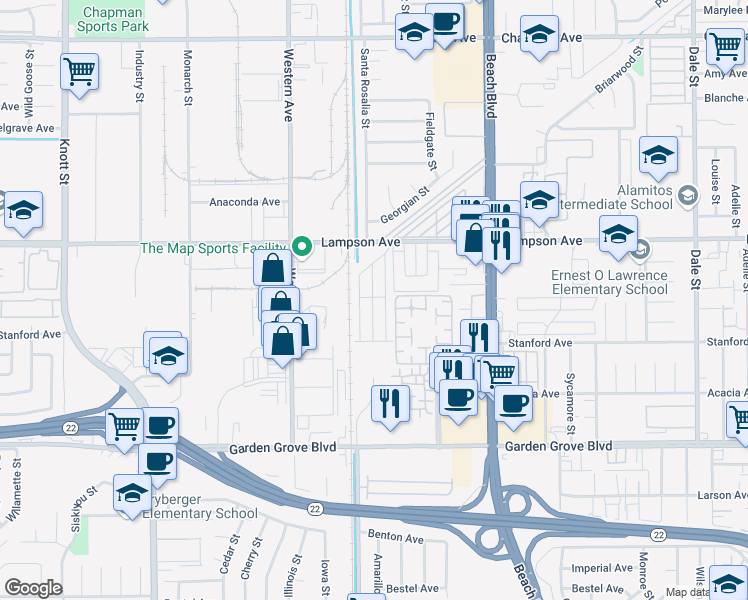 map of restaurants, bars, coffee shops, grocery stores, and more near 7700 Lampson Avenue in Garden Grove