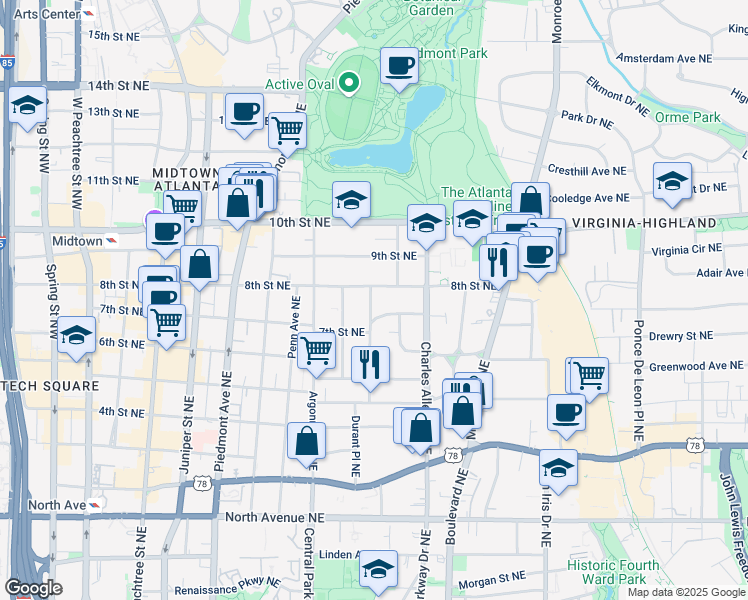 map of restaurants, bars, coffee shops, grocery stores, and more near 895 Durant Place Northeast in Atlanta