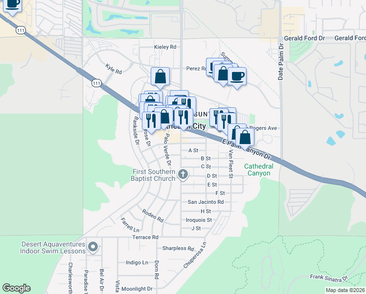map of restaurants, bars, coffee shops, grocery stores, and more near 68533 A Street in Cathedral City