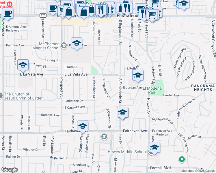 map of restaurants, bars, coffee shops, grocery stores, and more near 615 South Chipwood Street in Orange