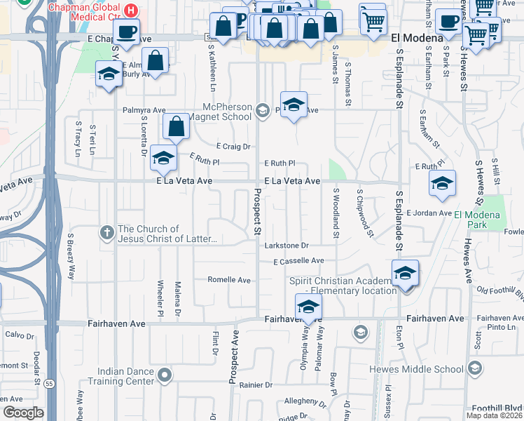 map of restaurants, bars, coffee shops, grocery stores, and more near 12621 Shasta Way in Santa Ana