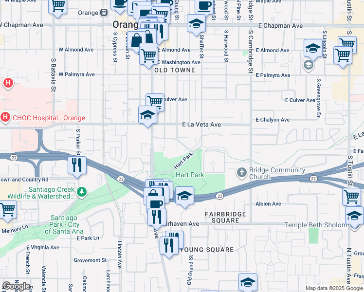 map of restaurants, bars, coffee shops, grocery stores, and more near 340 East River Avenue in Orange
