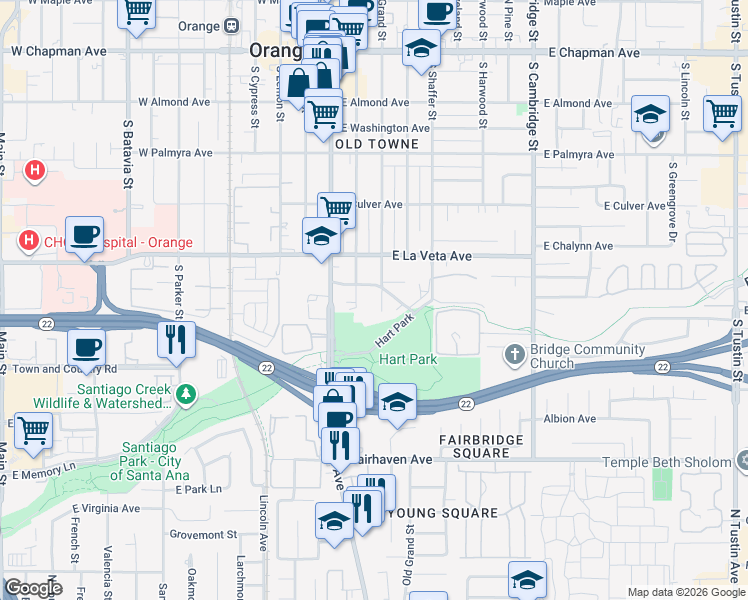 map of restaurants, bars, coffee shops, grocery stores, and more near 637 South Orange Street in Orange