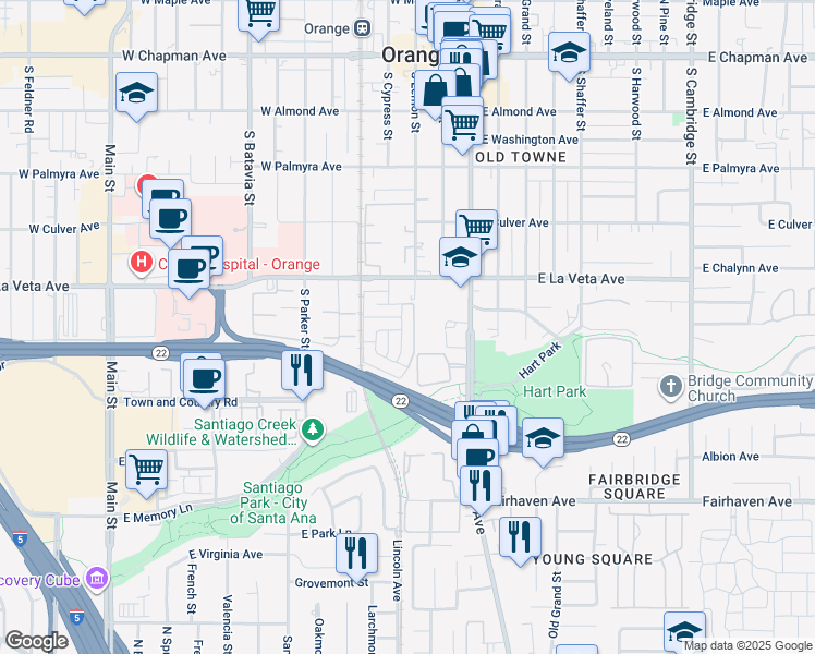 map of restaurants, bars, coffee shops, grocery stores, and more near 620 South Glassell Street in Orange
