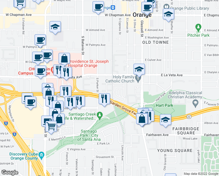 map of restaurants, bars, coffee shops, grocery stores, and more near 611 South La Veta Park Circle in Orange