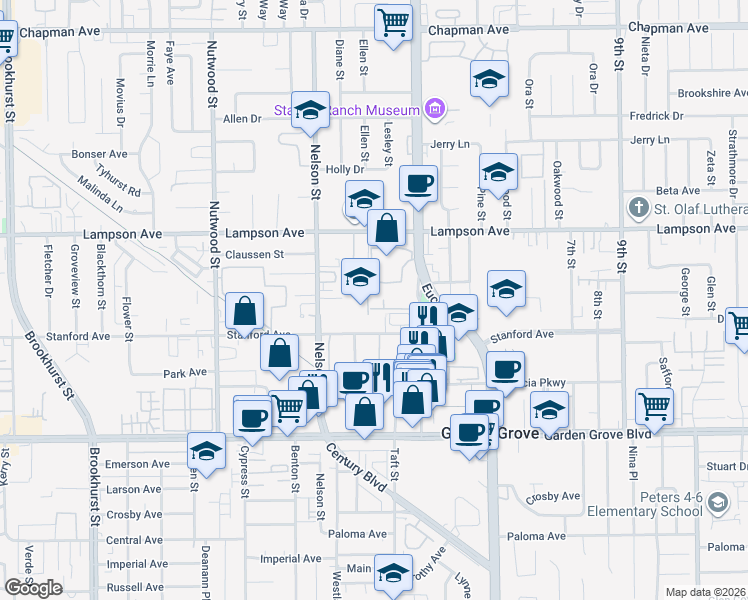 map of restaurants, bars, coffee shops, grocery stores, and more near 10855 Stanford Avenue in Garden Grove