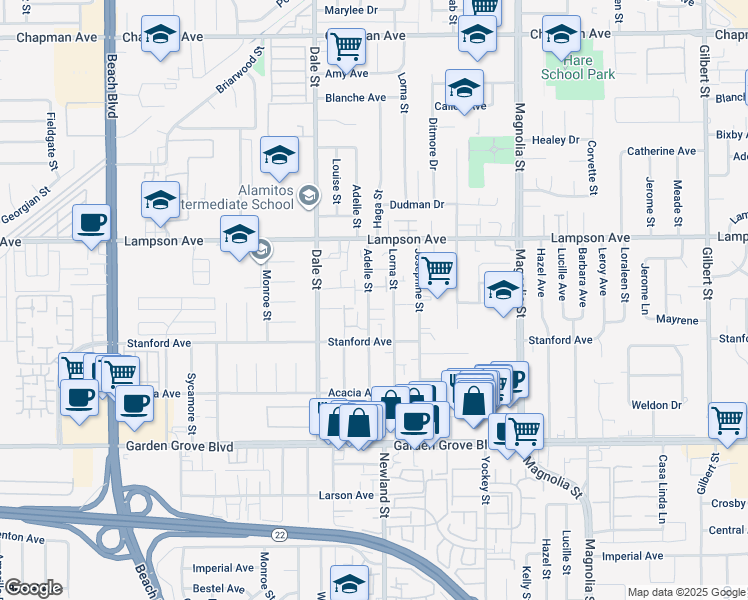 map of restaurants, bars, coffee shops, grocery stores, and more near 12671 Lorna Street in Garden Grove