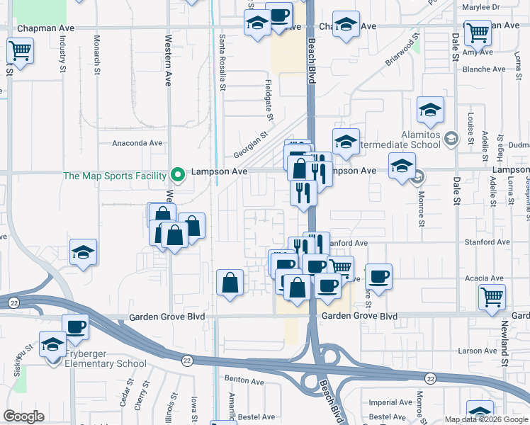 map of restaurants, bars, coffee shops, grocery stores, and more near 12614 Moordale Circle in Stanton
