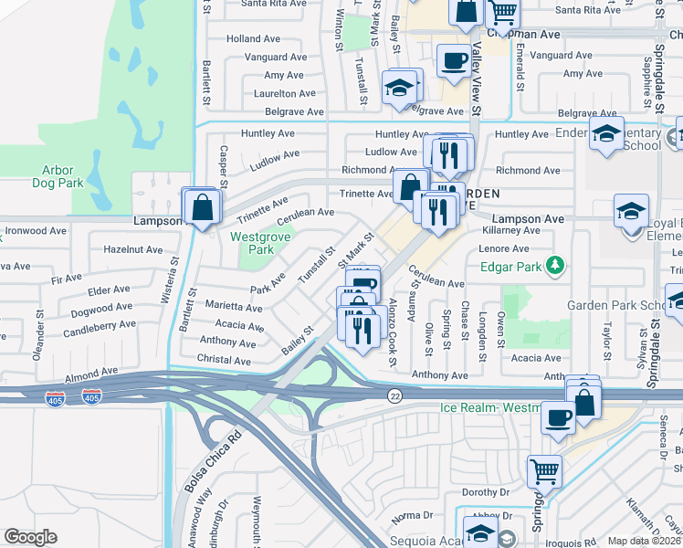 map of restaurants, bars, coffee shops, grocery stores, and more near 12705 George Reyburn Road in Garden Grove