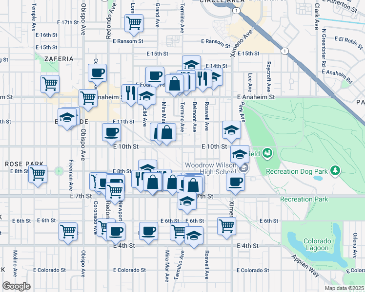 map of restaurants, bars, coffee shops, grocery stores, and more near 917 Termino Avenue in Long Beach