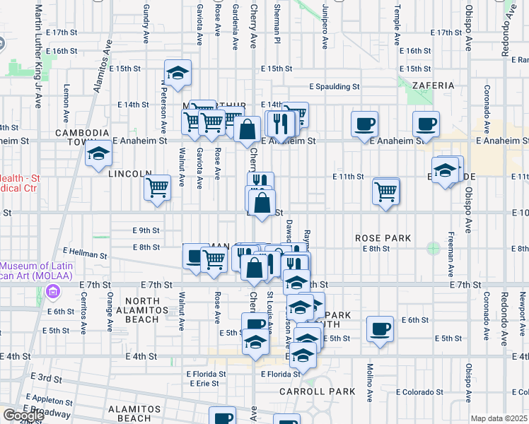 map of restaurants, bars, coffee shops, grocery stores, and more near 2038 East 10th Street in Long Beach