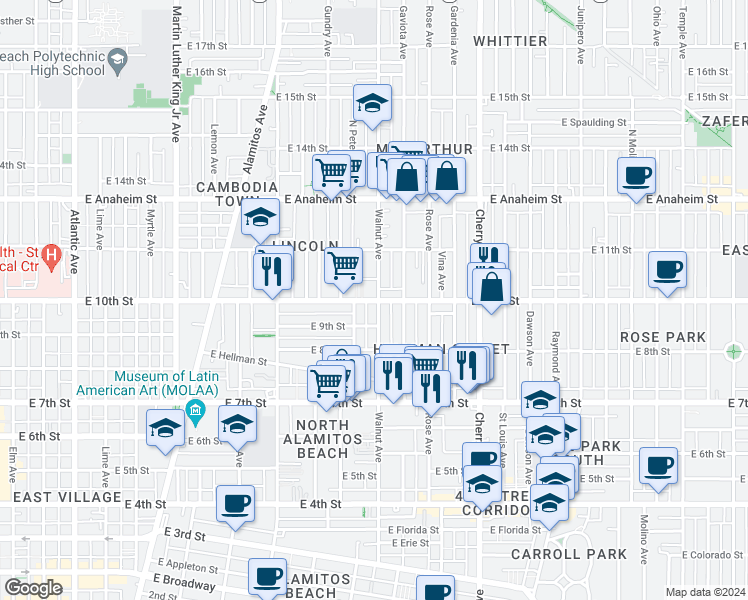 map of restaurants, bars, coffee shops, grocery stores, and more near in Long Beach