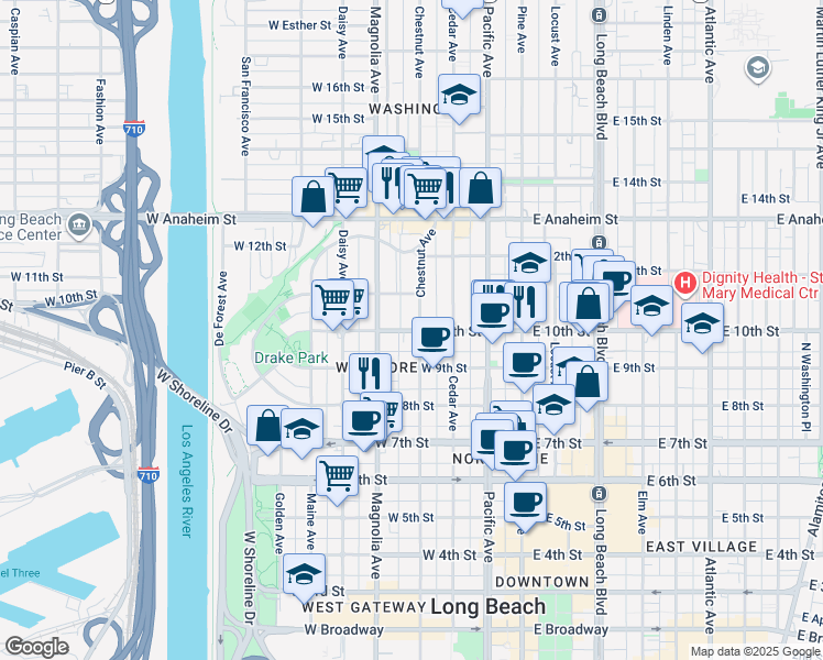 map of restaurants, bars, coffee shops, grocery stores, and more near 927 Chestnut Avenue in Long Beach