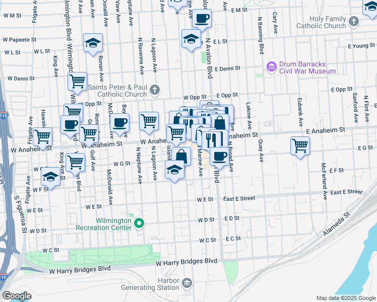 map of restaurants, bars, coffee shops, grocery stores, and more near 221 West G Street in Los Angeles