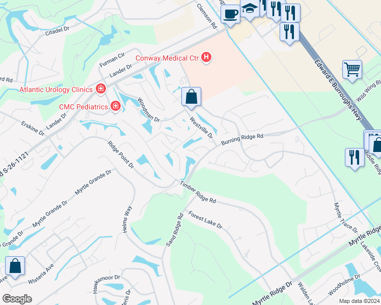 map of restaurants, bars, coffee shops, grocery stores, and more near 947 Welkin Court in Conway