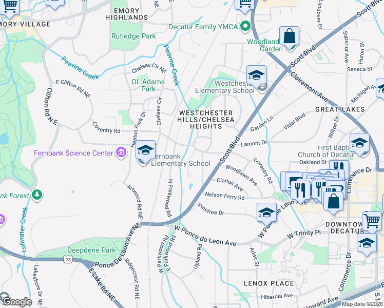 map of restaurants, bars, coffee shops, grocery stores, and more near 510 Coventry Road in Decatur