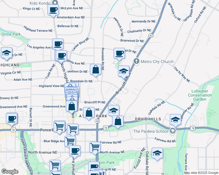map of restaurants, bars, coffee shops, grocery stores, and more near 872 Briarcliff Road Northeast in Atlanta