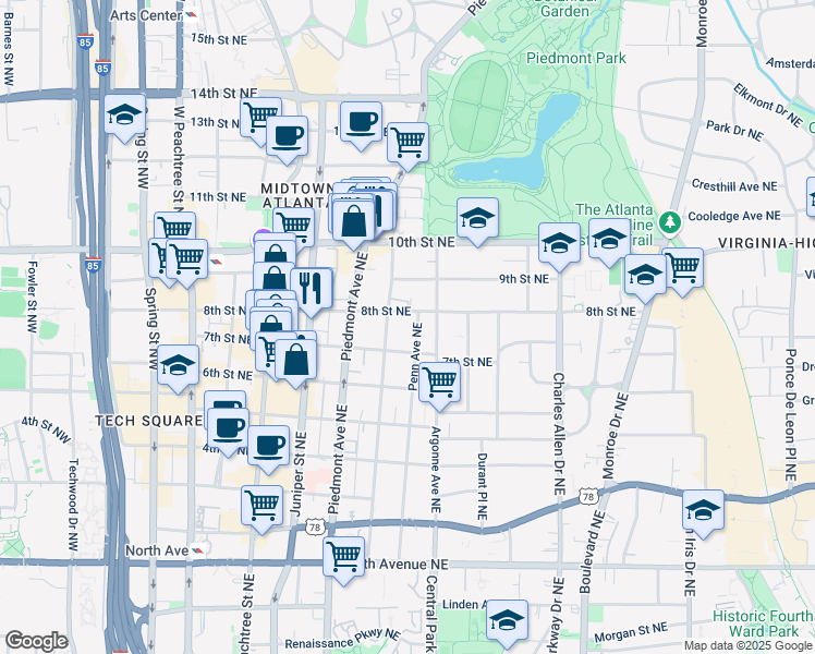 map of restaurants, bars, coffee shops, grocery stores, and more near 890 Penn Avenue Northeast in Atlanta