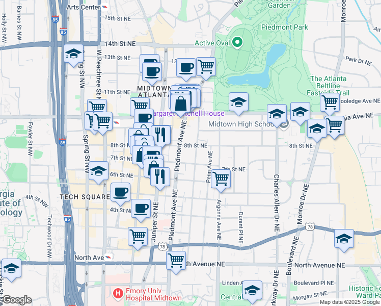 map of restaurants, bars, coffee shops, grocery stores, and more near 875 Myrtle Street Northeast in Atlanta