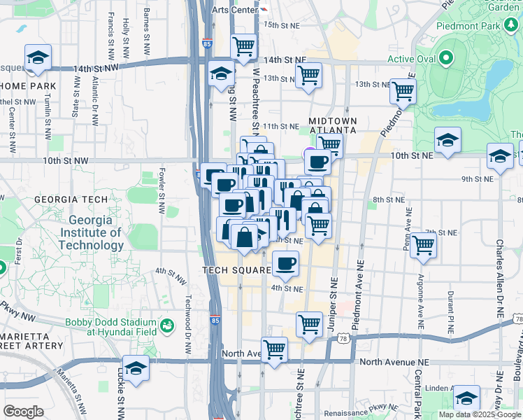 map of restaurants, bars, coffee shops, grocery stores, and more near 885 West Peachtree Street Northwest in Atlanta