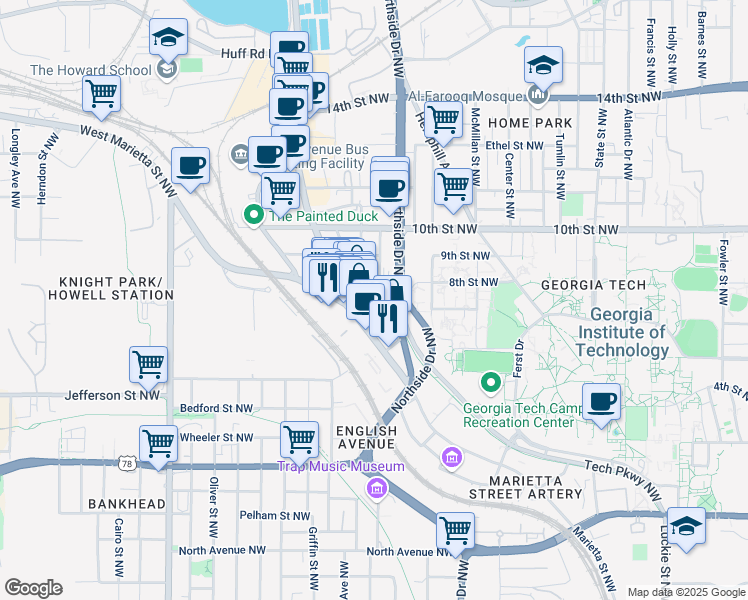 map of restaurants, bars, coffee shops, grocery stores, and more near 1465 Northside Drive Northwest in Atlanta