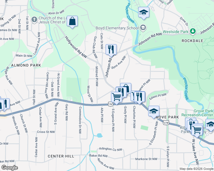 map of restaurants, bars, coffee shops, grocery stores, and more near 874 Hollywood Road Northwest in Atlanta