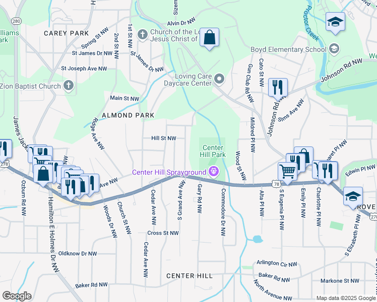 map of restaurants, bars, coffee shops, grocery stores, and more near 875 North Grand Avenue Northwest in Atlanta