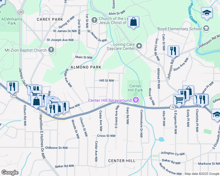 map of restaurants, bars, coffee shops, grocery stores, and more near 875 Center Hill Avenue Northwest in Atlanta
