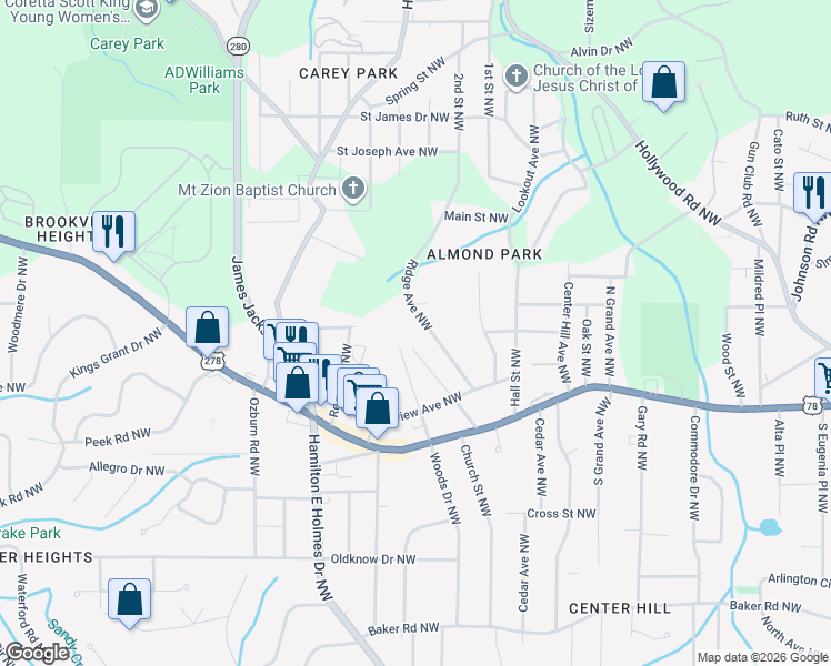 map of restaurants, bars, coffee shops, grocery stores, and more near 853 Peyton Avenue Northwest in Atlanta